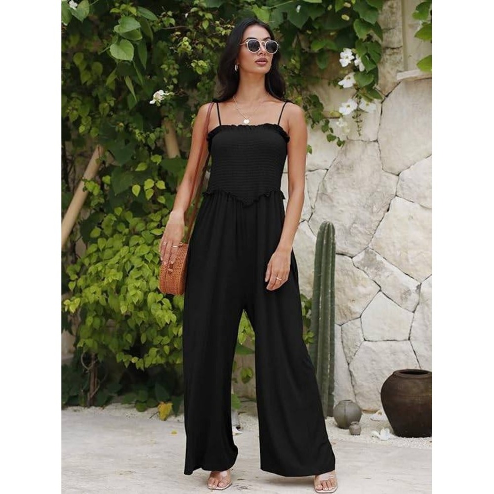 DEEPSELF Black Smocked Ruffle Wide Leg Jumpsuit Palazzo‎ Pants Tie Straps M